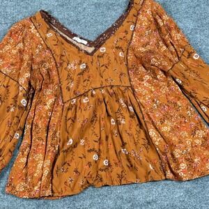 Boho Floral Medium Flowy Tunic Blouse Brown Bohemian Peasant Babydoll LS V Neck